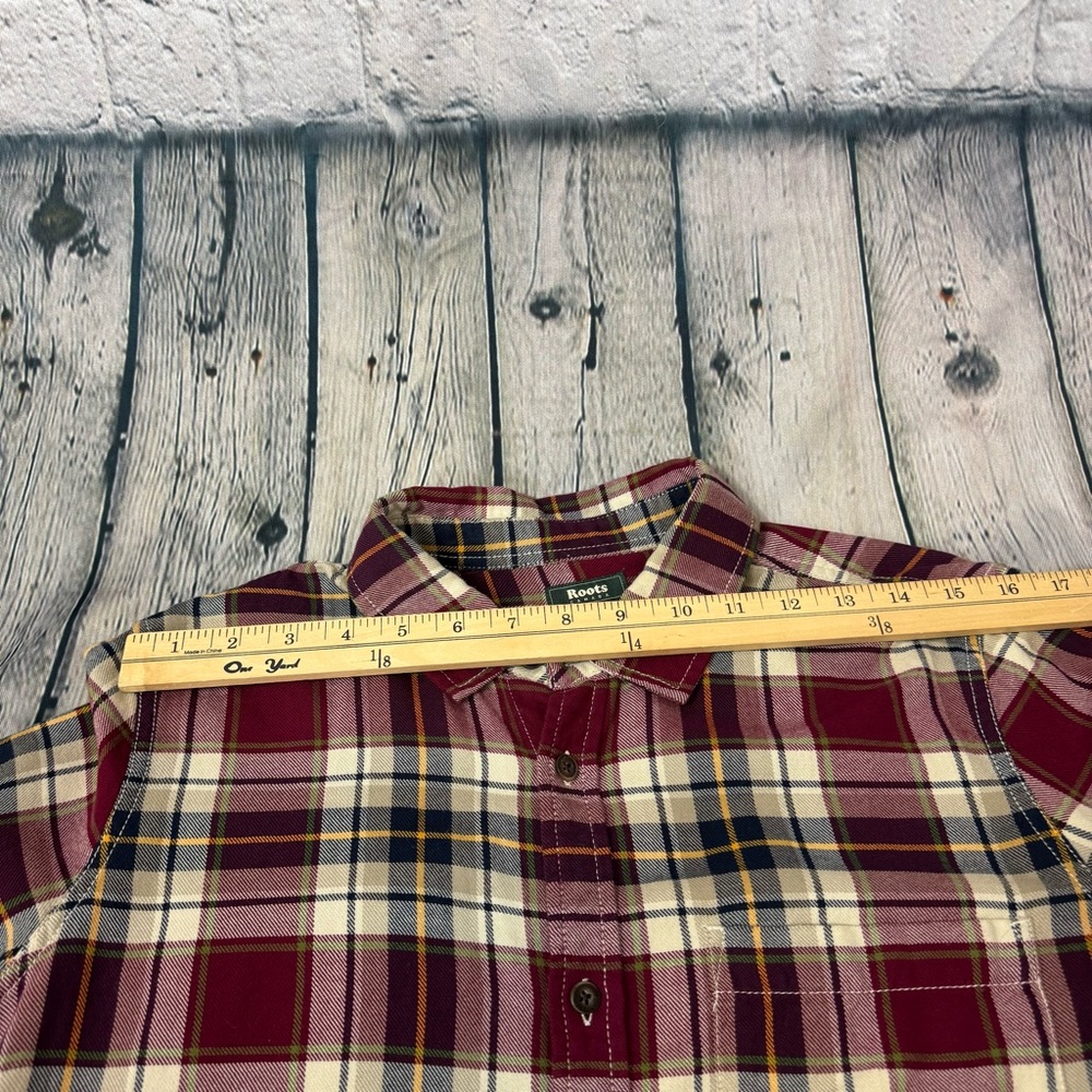 Roots Red Cream Navy Plaid Women’s Flannel Shirt 100% Cotton Cabincore Sz Medium - Picture 11 of 12